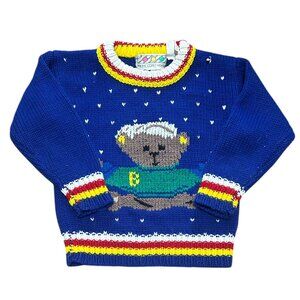 Vintage 90s Boys Teddy Bear Sweater Size 3 Blue Snowflake Holiday Knit Colorful